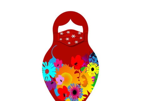 Christmas Matryoshka doll wearing surgical mask for coronavirus protection. Russian nesting doll, Babushka for Christmas Eve concept. Vector isolated on white backgroundのイラスト素材