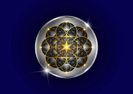 Gold Seed of life symbol Sacred Geometry. Luxury icon Geometric mystic mandala of alchemy esoteric Flower of Life sign. Golden and silver divine meditative amulet vector isolated on blueのイラスト素材