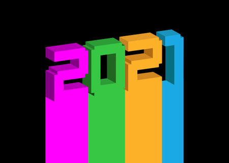 3D Numerals 2021 made of colorful toy plastic bricks. New year concept. Vision of new twenty twenty one logo. Vector isolated on black background. Poster, banner or morden and creative greeting cardのイラスト素材
