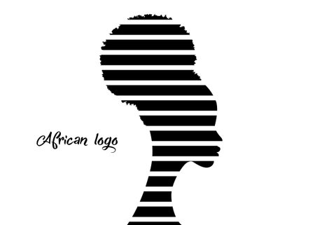African American woman face profile. Logo women profile black silhouette fashion curly afro hair style concept, striped graphic design, vector isolated on white backgroundのイラスト素材