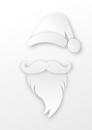 Santa Claus head label with hat, beard and mustache cutting design. Merry Christmas, Santa white paper cut style logo design, vector isolated on white backgroundのイラスト素材