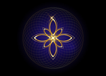 Seed of life symbol Sacred Geometry. Geometric mystic mandala of alchemy esoteric Flower of Life. Gold luxury design overlapping circles, vector blue meditative amulet isolated on black backgroundのイラスト素材