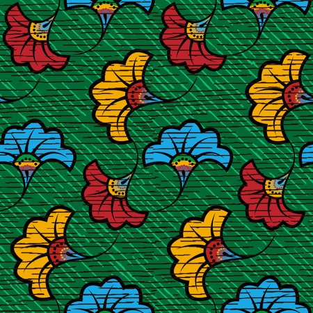 African Wax Print fabric, Ethnic handmade ornament seamless design, tribal pattern motifs floral elements. Vector texture, afro colorful textile Ankara fashion style. Pareo wrap dress wedding flowersのイラスト素材
