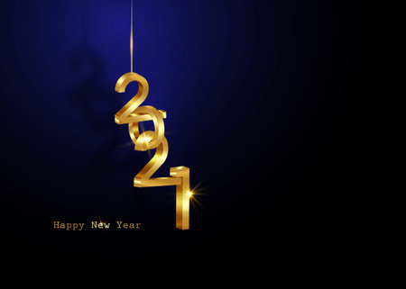 Golden 2021 New Year 3D logo, interlocking numbers. Christmas theme, vector illustration. Holiday design for greeting card, invitation, calendar, party, gold luxury vip, isolated on blue backgroundのイラスト素材
