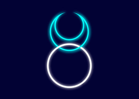 Horned God Wiccan neon sign. God of nature, wilderness, sexuality, hunting. Wicca deities Symbol consort Triple Goddess, moon horned taurus icon vector illustration isolated on dark blue backgroundのイラスト素材