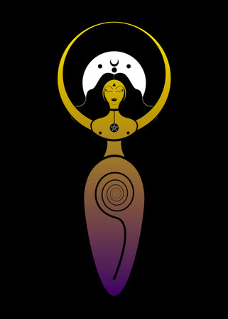 Woman Wicca mother earth symbol of sexual procreation. Spiral goddess of fertility and triple moon Wiccan. The spiral cycle of life, death and rebirth. Crescent, half and full moon vector isolatedのイラスト素材