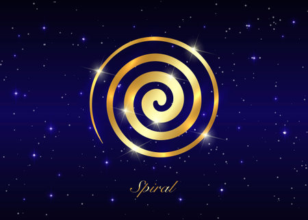 Gold Ancient Spiral, the Goddess creative powers of the Divine Feminine, and the never ending circle of creation. Wiccan fertility symbol isolated on blue starry night sky backgroundのイラスト素材