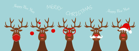 Set of funny Christmas reindeer in red hat, white mustache, round glasses, xmas balls, medical mask for coronavirus pandemic protection. 2021 Happy new year theme for children in flat vector designのイラスト素材