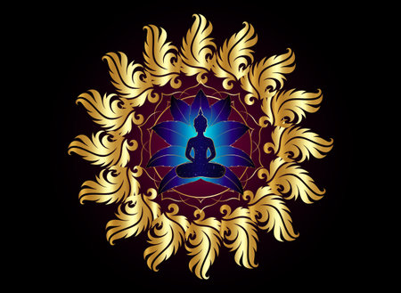 Buddha silhouette in lotus position over gold ornate mandala lotus flower. Vector illustration isolated on black background. Buddhism esoteric motifs, Chakra concept, spiritual yogaのイラスト素材