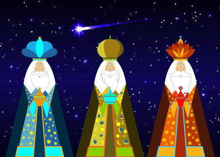 Three wise men Christmas. Three biblical Kings, Caspar, Melchior and Balthazar. Bethlehem Nativity concept, Epiphany is a Christian festival. The Gift of the Magi vector isolated on blue sky and cometのイラスト素材