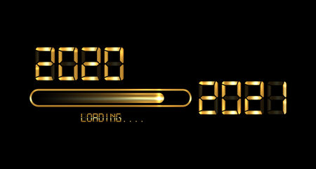 Happy new year 2020 with loading to up 2021. Gold led neon digital time style. Progress bar almost...