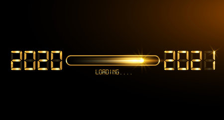 Happy new year 2020 with loading to up 2021. Gold led neon digital time style. Progress bar almost...