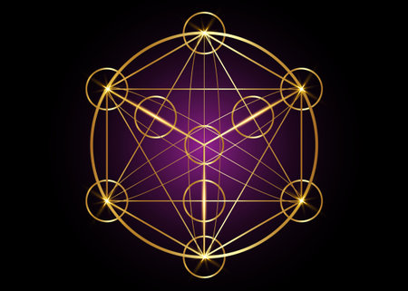 Metatrons Cube, Flower of Life. Sacred geometry, graphic element magic hexagram. Gold Vector isolated. Mystic icon platonic solids, abstract geometric drawing, typical crop circles on black purpleのイラスト素材