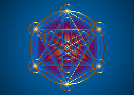 Alchemy occult Mandala, Metatrons Cube, Flower of Life. Gold Sacred geometry, graphic element magic hexagram. Vector Mystic platonic solids, geometric drawing, typical crop circles on blue backgroundのイラスト素材