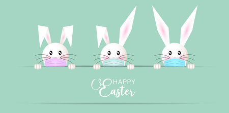 Happy Easter set white bunny rabbit Wear a protective colorful face mask against covid-19. Coronavirus alert for Easter card, banner, invitation, poster, stay home. Vector isolated on green backgroundのイラスト素材