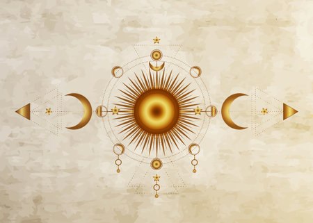 Circle of a moon phase, triple goddess pagan Wicca, moon symbol. Vector isolated on old paper background. Tattoo, astrology, alchemy, boho and antique magic symbolのイラスト素材