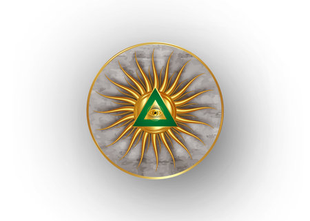 Sacred Masonic symbol. All Seeing eye, the third eye. The Eye of Providence, inside triangle pyramid. New World Order. Vector Gold round icon isolated, alchemy, religion, spirituality, occultismのイラスト素材