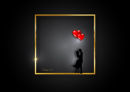 gold frame valentines day concept, romantic silhouette of loving couple with glossy red balloons heart shape. Valentine Day 14 February. Happy Lovers holiday, vector isolated on black night backgroundのイラスト素材