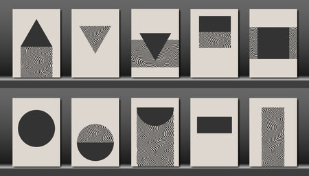 Trendy set collection of abstract creative minimalist artistic hand painted composition, geometric shape ideal for wall decoration, as postcard or brochure design, monochrome vector illustrationのイラスト素材