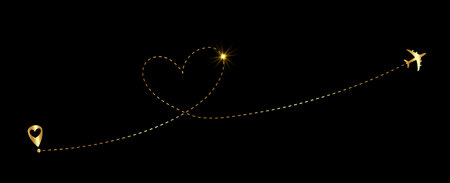 Airplane flying. Gold Dash line heart loop in the sky. Air plane icon. Golden silhouette shape....