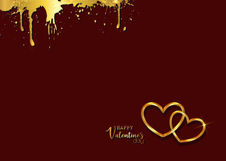Happy Valentines day vector greeting card. Gold hearts on dark red background. Golden holiday poster with text, jewels. Concept for Valentines banner, flyer, party invitation, jewelry gift shopのイラスト素材