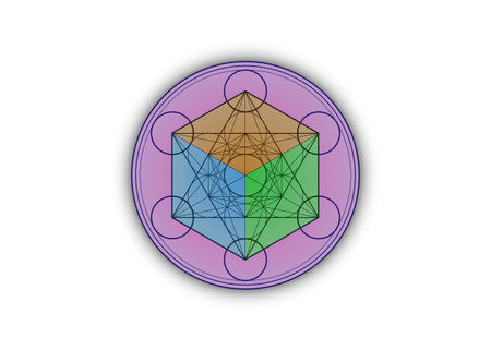 3D Metatrons Cube, Colorful Flower of Life. Sacred geometry, graphic element Vector isolated Illustration or white background. Mystic icon platonic solids, abstract round geometric drawingのイラスト素材