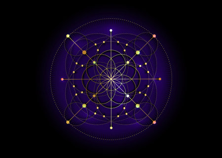 Sacred Geometry, gold Seed of life symbol. icon Geometric mystic mandala of alchemy esoteric Flower of Life. Vector neon line art tattoo divine meditative amulet isolated on blue backgroundのイラスト素材