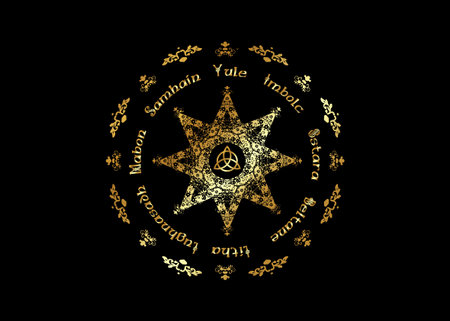 Gold Book Of Shadows Wheel Of The Year Modern Paganism Wicca. Wiccan calendar and holidays. Golden...