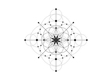 Sacred Geometry, Seed of life dotted symbol. Logo icon Geometric mystic mandala of alchemy esoteric Flower of Life. Vector black line art tattoo divine meditative amulet isolated on white backgroundのイラスト素材