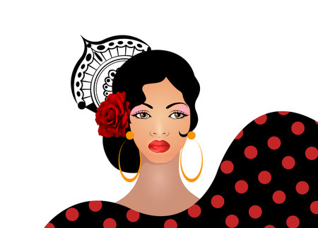 Portrait of flamenco woman, beautiful girl, Spanish style. Latin Lady wearing folk accessories ethnic comb, peineta, red rose flower and earrings, polka dots dress. Vector isolated on white backgroundのイラスト素材