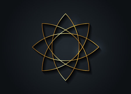 Gold lotus flower mandala, Seed of life symbol Sacred Geometry.   icon Geometric mystic mandala of alchemy esoteric Flower. Vector golden line art divine meditative amulet isolated on blackのイラスト素材