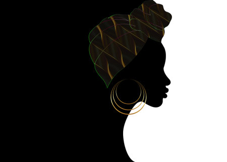 portrait beautiful Afro woman. Shenbolen Ankara Headwrap Women African Traditional Headtie Scarf Turban. Kente head wraps African tribal fabric design. Vector icon logo template brochure backgroundのイラスト素材