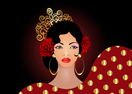 Portrait of flamenco woman, beautiful girl, Spanish style. Latin Lady wearing folk gold accessories ethnic comb, peineta, red rose flowers and earrings, golden polka dots dress. Vector isolatedのイラスト素材