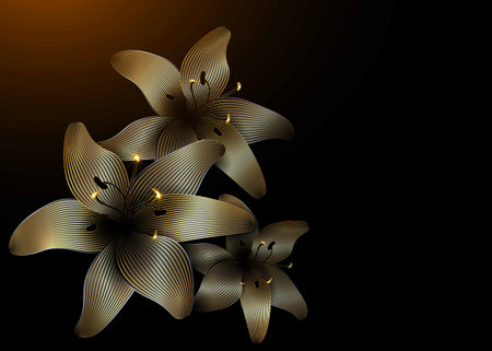 Gold Lily flowers isolated on black backdrop. Vintage luxury floral background with golden lilies flowers. Romantic pattern template for wall decor, wallpaper, wedding invitations, ceremonies, cardsのイラスト素材