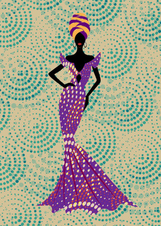 Beautiful African woman in typical afro clothing and head dress ethnic turban, ankara wax print textile for traditional wedding ceremony. Vector isolated on colorful dotted circles batik backgroundのイラスト素材
