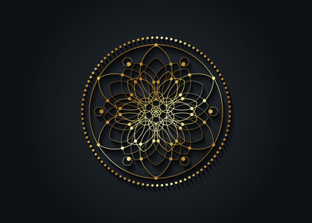 Flower of Life gold symbol Sacred Geometry. Geometric mystic golden mandala of alchemy esoteric Seed of life. Vector luxury logo divine meditative amulet isolated on black backgroundのイラスト素材