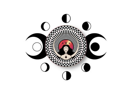 Wiccan woman icon, Triple goddess symbol of moon phases. Triple Moon Religious Wicca sign. Neopaganism logo. Lunar calendar cycles. New, Full Moon, Waning Crescent, First and Last Quarter. Vectorのイラスト素材