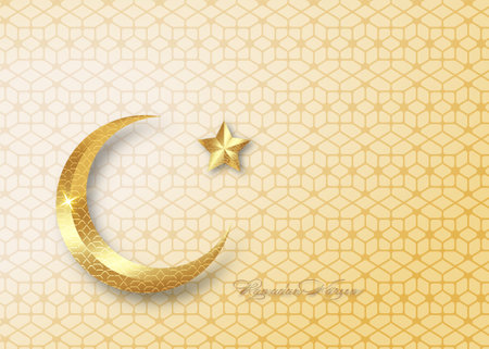 Ramadan Kareem 2021 vector greeting card. Gold half moon on arabic motif background. Golden holiday poster with text, islamic symbol. Concept Muslim religion banner, flyer party invitation, sale shopのイラスト素材