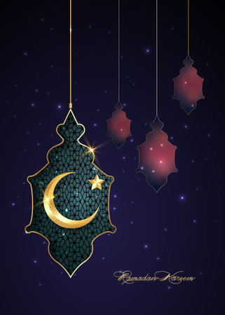 Ramadan Kareem 2021 vertical banner starry night Sky background vector design illustration. Gold arabic lamps silhouette and golden half moon and shiny star, Muslim religious symbolsのイラスト素材