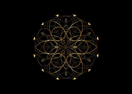 Flower of Life symbol Sacred Geometry. Gold luxury Logo icon Geometric mystic mandala of alchemy esoteric Seed of Life. Vector divine meditative amulet isolated on black backgroundのイラスト素材