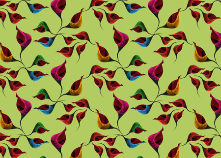 African Wax Print fabric, Ethnic handmade ornament design, tribal pattern motifs floral elements. Vector texture, afro colorful textile Ankara fashion style. Pareo wrap dress wedding flowersのイラスト素材