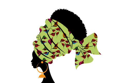 portrait beautiful African woman in traditional turban handmade tribal motif wedding flowers, Kente head wrap African with ethnic earrings, black women Afro curly hair, vector silhouette isolatedのイラスト素材