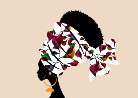 portrait beautiful African woman in traditional turban handmade tribal motif wedding flowers, Kente head wrap African with ethnic earrings, black women Afro curly hair, vector silhouette isolatedのイラスト素材