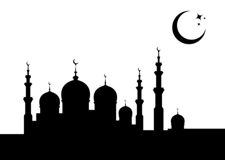 Ramadan Kareem Banner card template. Islamic Mosque silhouette graphic design, Crescent moon sky, Muslim symbols. Hari raya festival, Eid al-Adha, Eid al-Fitr. Vector isolated on white backgroundのイラスト素材