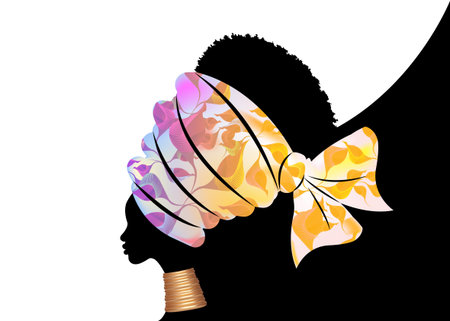 Banner portrait African woman in traditional turban handmade tribal motif wedding flowers, Kente head wrap African ethnic necklace, black women Afro curly hair, vector silhouette isolatedのイラスト素材
