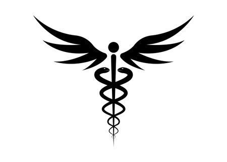 Medical caduceus symbol in black color. Logo concept of public health, two snake torches silhouette. Ancient hermes rod sign, vector isolated on white backgroundのイラスト素材