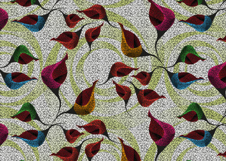 African Wax Print fabric, Ethnic handmade ornament design, tribal pattern motifs floral elements. Vector texture, afro colorful textile Ankara fashion style. Pareo wrap dress wedding flowersのイラスト素材