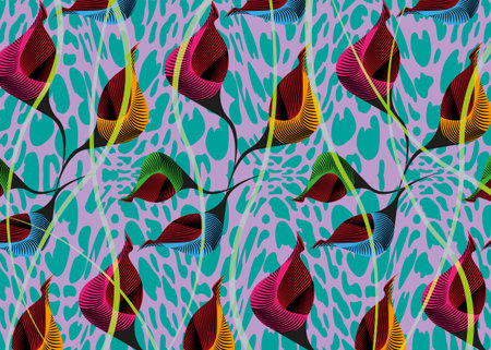 African Wax Print fabric, Ethnic handmade ornament design, tribal pattern motifs floral elements. Vector texture, afro colorful textile Ankara fashion style. Pareo wrap dress wedding flowersのイラスト素材