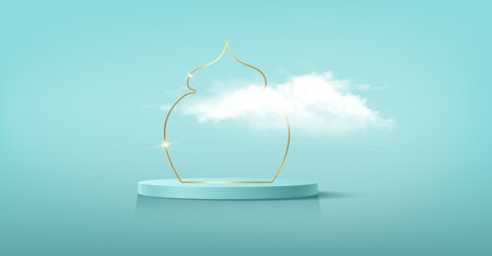 Luxury Islamic Podium with gold traditional islamic window with fluffy cloud. 3D Horizontal Arabic Banner for product showcase, Product presentation, cosmetic, base, ramadan sales, blue backgroundの写真素材