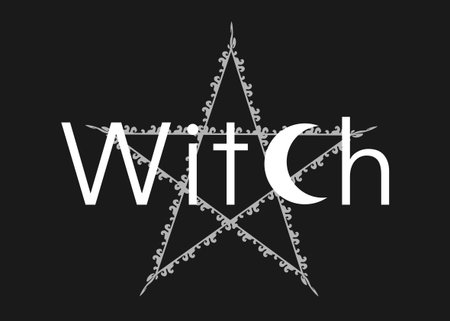 white line art witchcraft and magic print pentacle with text witch, vector isolated on a black background. Esoteric print template and wicca symbol, magical creative conceptのイラスト素材